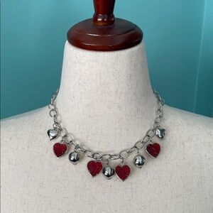 Silver and Red Chunky Heart Charm Necklace